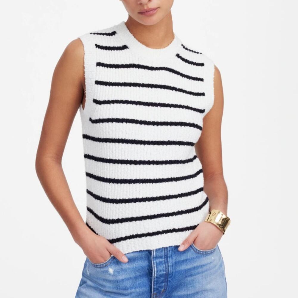 Madewell Bouclé-Knit Sweater Tank Womens S White Black Stripe Crew Neck Slim Fit